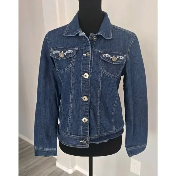 Vintage 90s Embroidered Country Cottage Medium Blue Denim Jacket Womens Sz PM - Picture 5 of 11